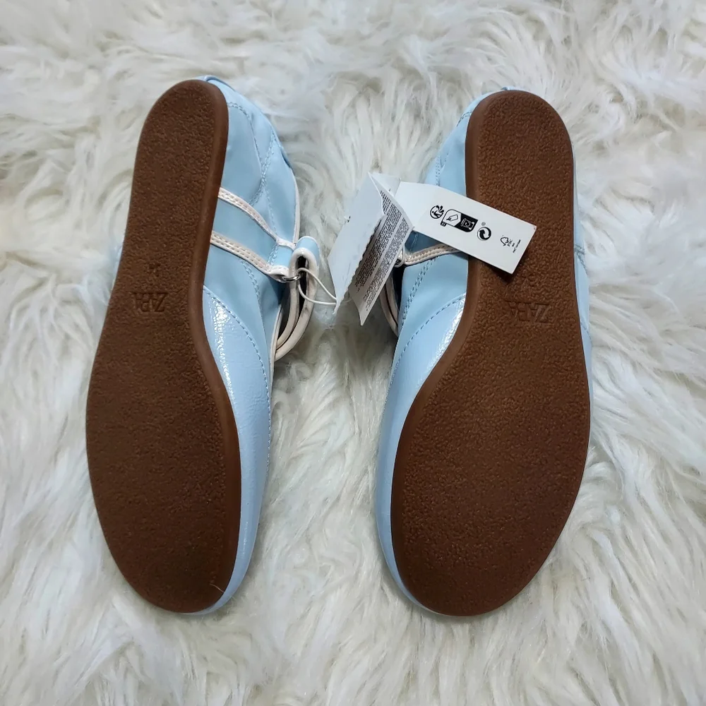 Zara Light Blue Girls' Mary Jane Sporty Ballet Flats with Cream Trim Sz-2.5
